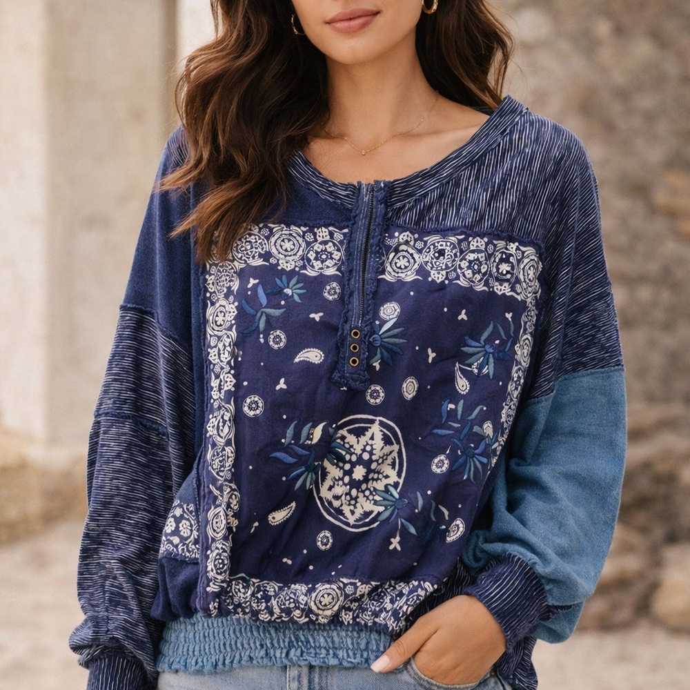 We The Free Navy and Blue Patterned Sweatshirt